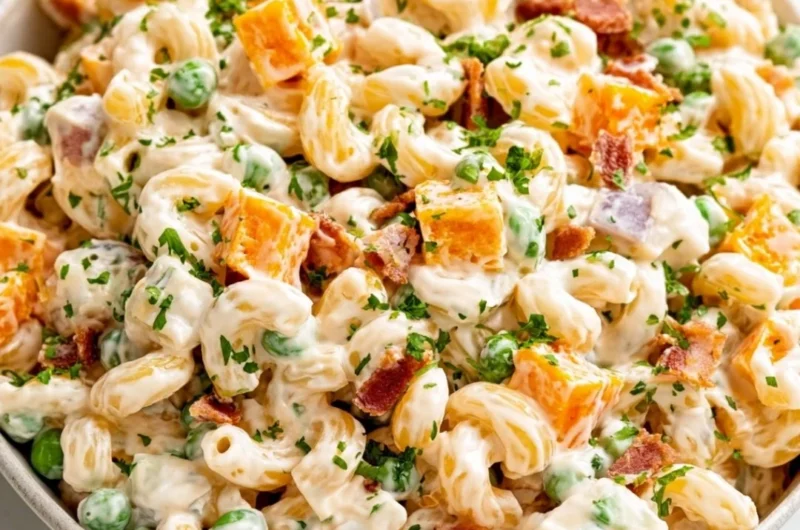 Delicious Bacon Ranch Pasta Salad with crispy bacon and ranch dressing