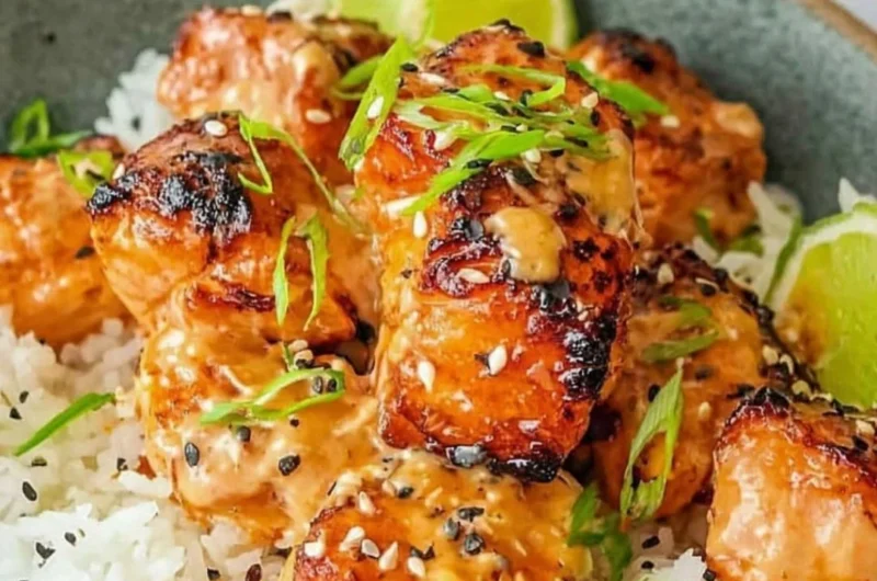 Spicy Bang Bang Salmon served on a plate with garnishes.