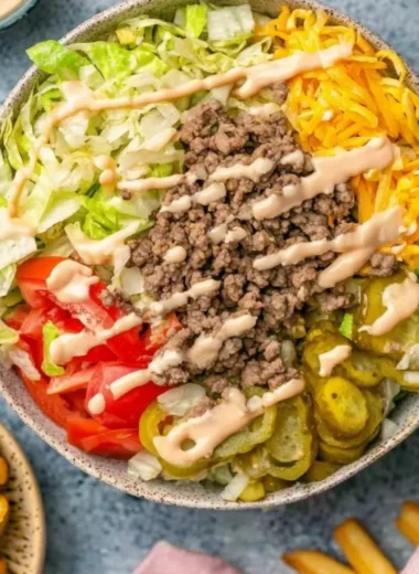 Big Mac Bowl topped with fresh ingredients and special sauce
