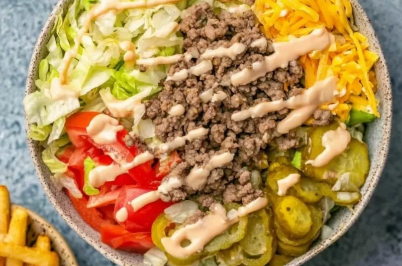Big Mac Bowl topped with fresh ingredients and special sauce