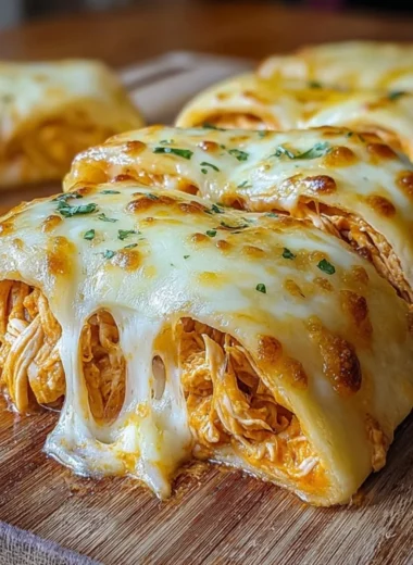 Delicious Buffalo Chicken Cheese Bake topped with melted cheese and spicy sauce