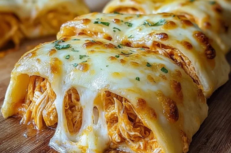 Delicious Buffalo Chicken Cheese Bake topped with melted cheese and spicy sauce