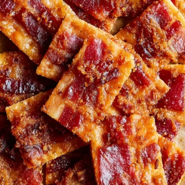 Delicious candied bacon crackers on a platter, served as a snack.