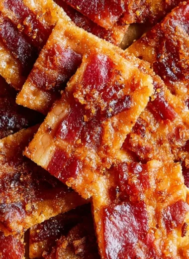 Delicious candied bacon crackers on a platter, served as a snack.