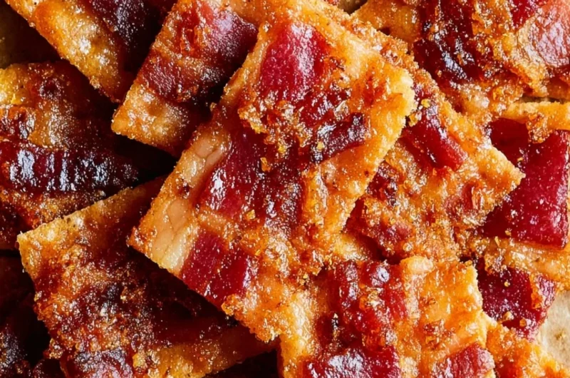 Delicious candied bacon crackers on a platter, served as a snack.