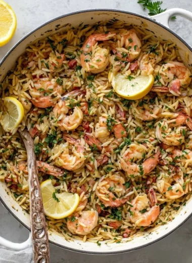 A delicious plate of shrimp pasta featuring easy shrimp recipes and orzo.