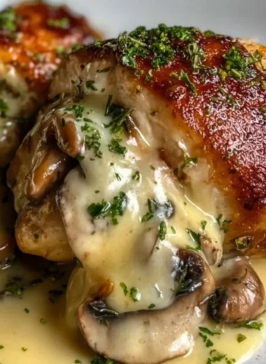 Cheesy garlic butter mushroom stuffed chicken on a plate garnished with herbs.