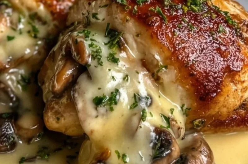 Cheesy garlic butter mushroom stuffed chicken on a plate garnished with herbs.
