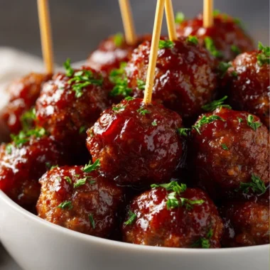 Plate of classic crockpot cocktail meatballs served with sauce.