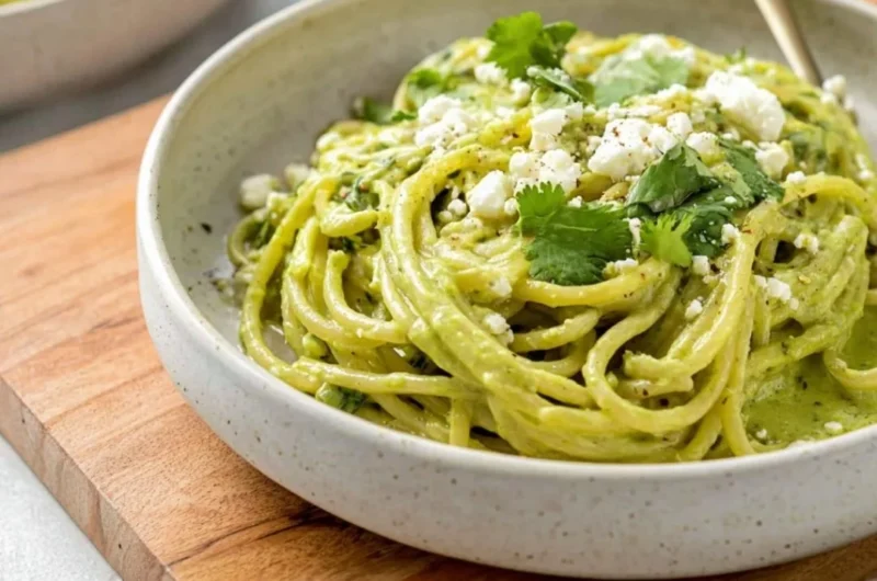 Plate of creamy Mexican green spaghetti garnished with cilantro and chili