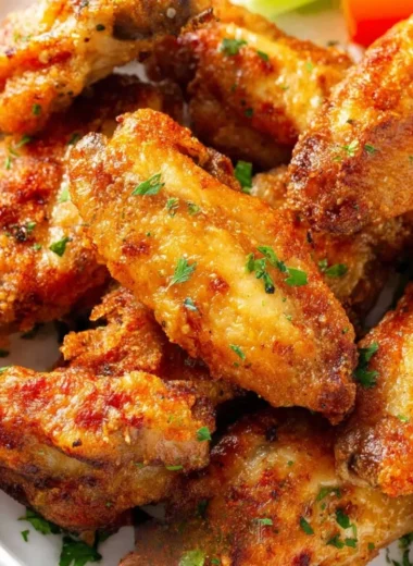Crispy air fryer chicken wings served on a plate with dipping sauce