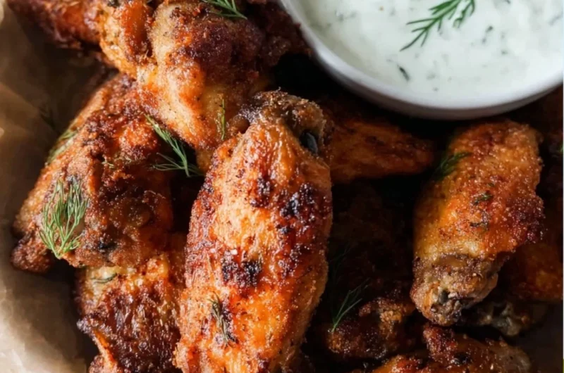Crispy baked chicken wings served on a platter with dipping sauces.