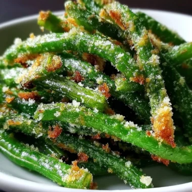 Crispy garlic parmesan green beans served in a bowl, garnished with parmesan cheese