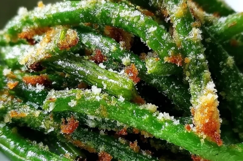 Crispy garlic parmesan green beans served in a bowl, garnished with parmesan cheese