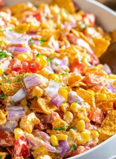 Fritos Chili Cheese Salad with colorful toppings and cheese on a plate