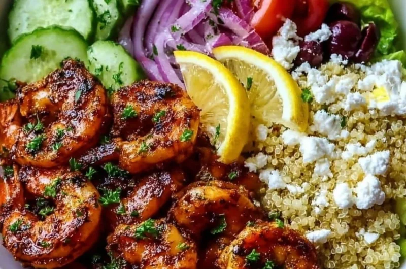 Greek Shrimp Mediterranean Bowl with fresh veggies and shrimp