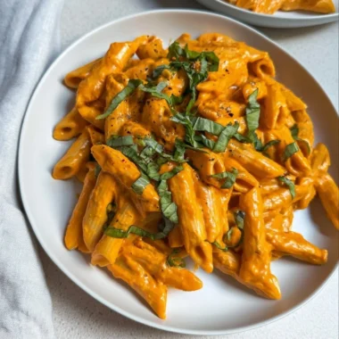 Creamy roasted red pepper pasta topped with fresh herbs and protein-rich ingredients.