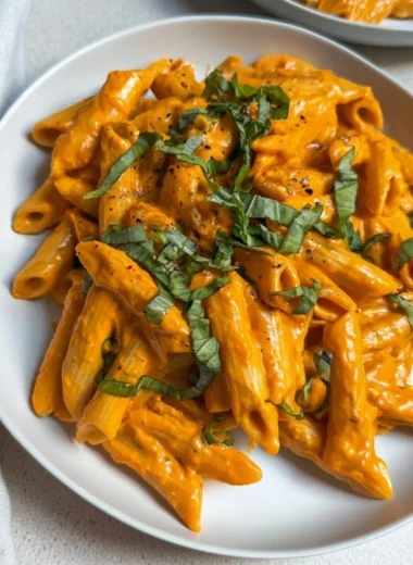 Creamy roasted red pepper pasta topped with fresh herbs and protein-rich ingredients.