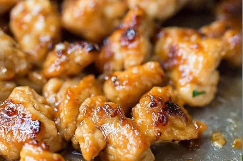 Honey Garlic Chicken Bites cooked and served on a plate