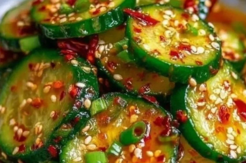 Bowl of fresh Korean cucumber salad with vibrant vegetables and sauce