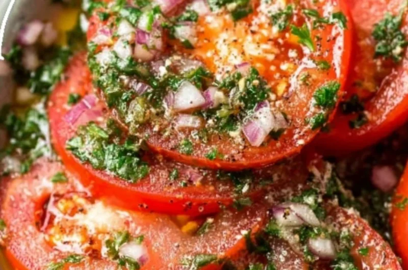 Delicious marinated tomatoes served in a bowl with herbs and spices