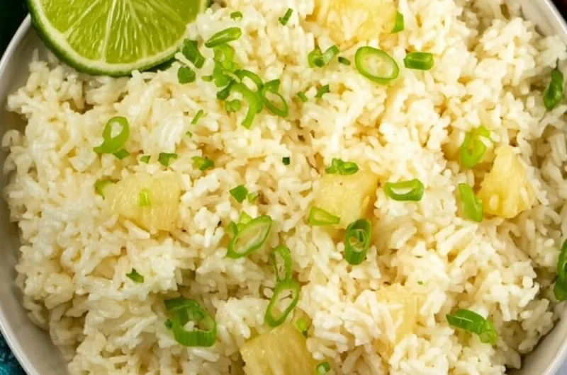 Delicious Pineapple Rice served in a bowl with colorful vegetables and herbs.
