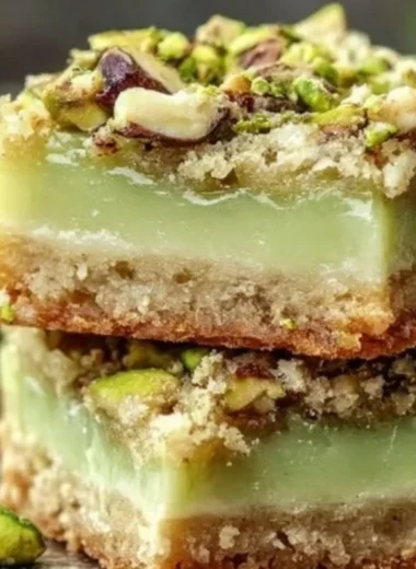 Pistachio Dream Cookie Bars showcasing a chewy texture and delightful green pistachios.