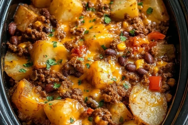 Delicious slow cooker cowboy casserole filled with savory ingredients.