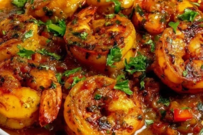 Plate of spicy voodoo shrimp garnished with herbs