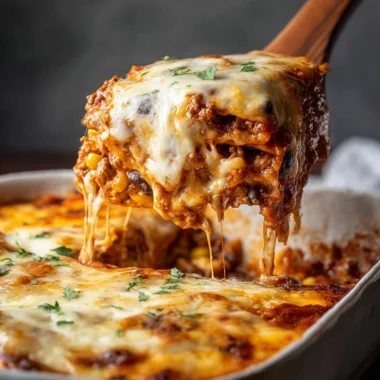 Delicious Taco Lasagna with layers of beef, cheese, and spices, served in a dish