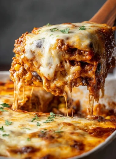 Delicious Taco Lasagna with layers of beef, cheese, and spices, served in a dish