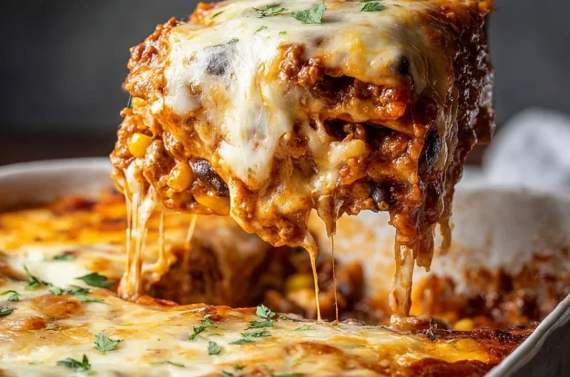 Delicious Taco Lasagna with layers of beef, cheese, and spices, served in a dish
