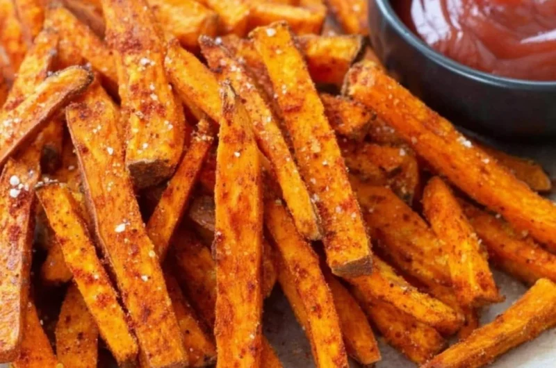 Crispy baked sweet potato fries on a plate, garnished with herbs