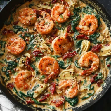 Delicious Tuscan Shrimp with Spinach and Artichokes served on a plate.