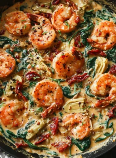 Delicious Tuscan Shrimp with Spinach and Artichokes served on a plate.