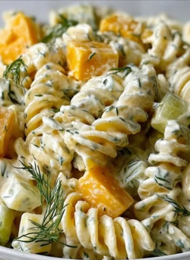 Bowl of zesty dill pickle pasta salad with fresh vegetables and herbs