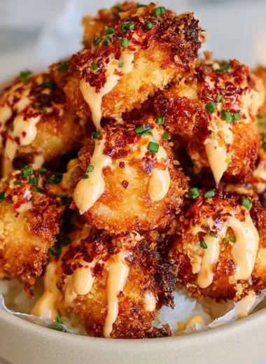 Crispy Air Fryer Bang Bang Chicken garnished with sauce and green onions
