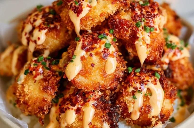 Crispy Air Fryer Bang Bang Chicken garnished with sauce and green onions