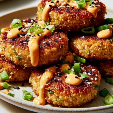 Delicious Asian tuna cakes served on a plate with dipping sauce.