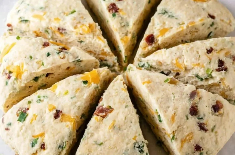 Freshly baked Bacon Cheddar Chive Scones on a wooden table