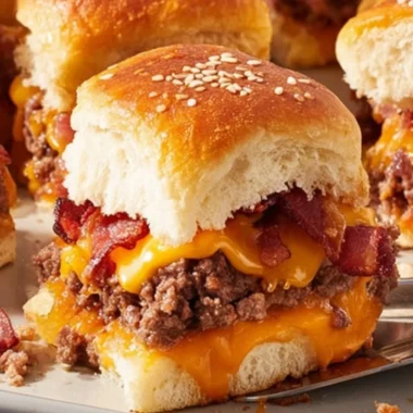 Delicious Bacon Cheeseburger Slider Bake topped with cheese and bacon