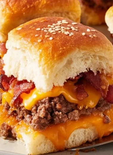 Delicious Bacon Cheeseburger Slider Bake topped with cheese and bacon