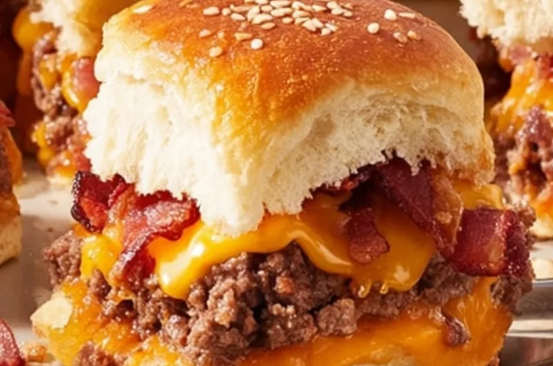 Delicious Bacon Cheeseburger Slider Bake topped with cheese and bacon