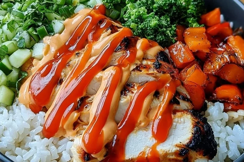 Bang Bang Chicken Bowl featuring a mix of vibrant ingredients and sauces.