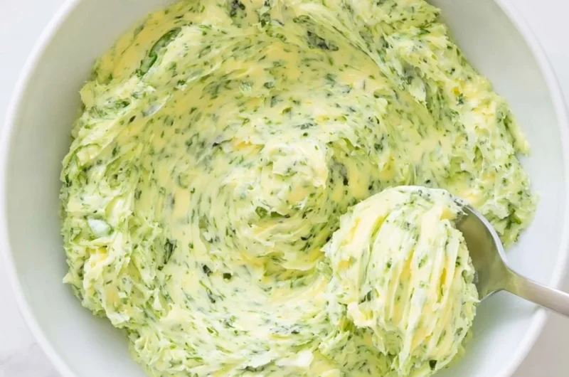 Delicious Basil Pesto Butter spread on fresh bread