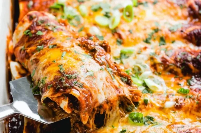 Beef enchiladas topped with cheese and red sauce on a plate