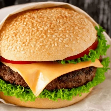 Juicy hamburger patty on a grill ready for serving