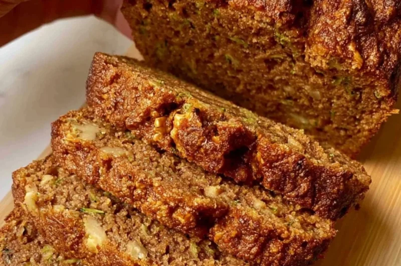 Delicious slice of homemade best zucchini bread on a wooden cutting board