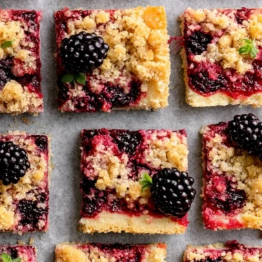 Delicious homemade Blackberry Pie Bars on a wooden surface