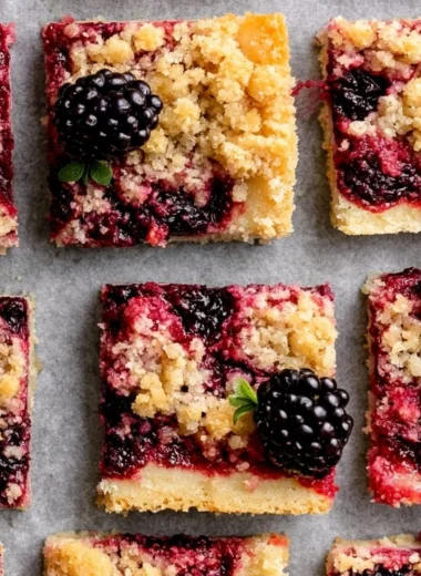 Delicious homemade Blackberry Pie Bars on a wooden surface